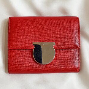 Salvatore Ferragamo Red Leather Trifold Wallet – Women’s Luxury 4.25x3.75-inch